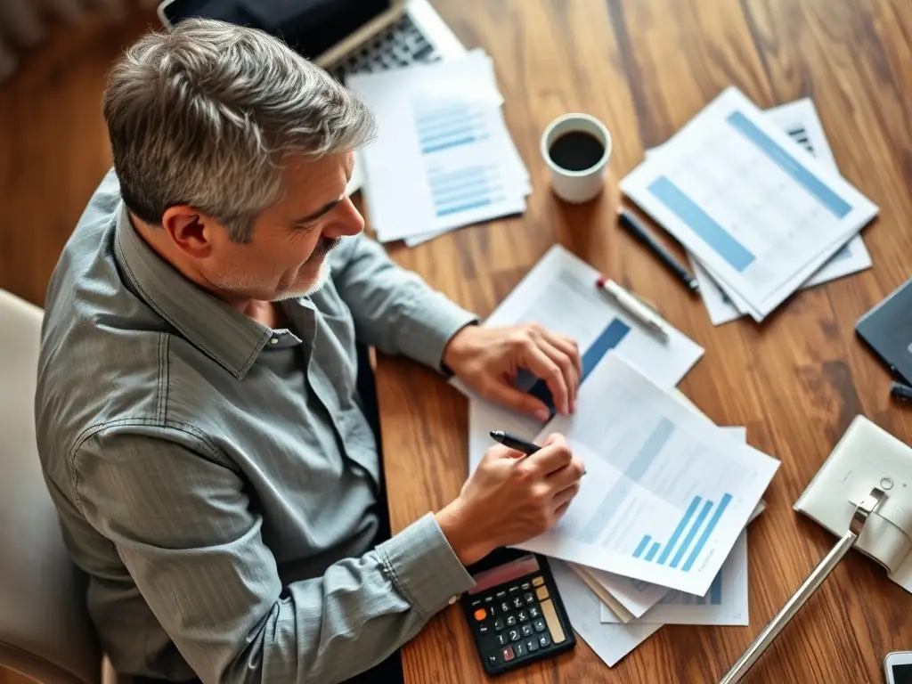 A person sitting at a desk, reviewing financial documents and using a calculator, symbolizing careful budgeting and financial planning.