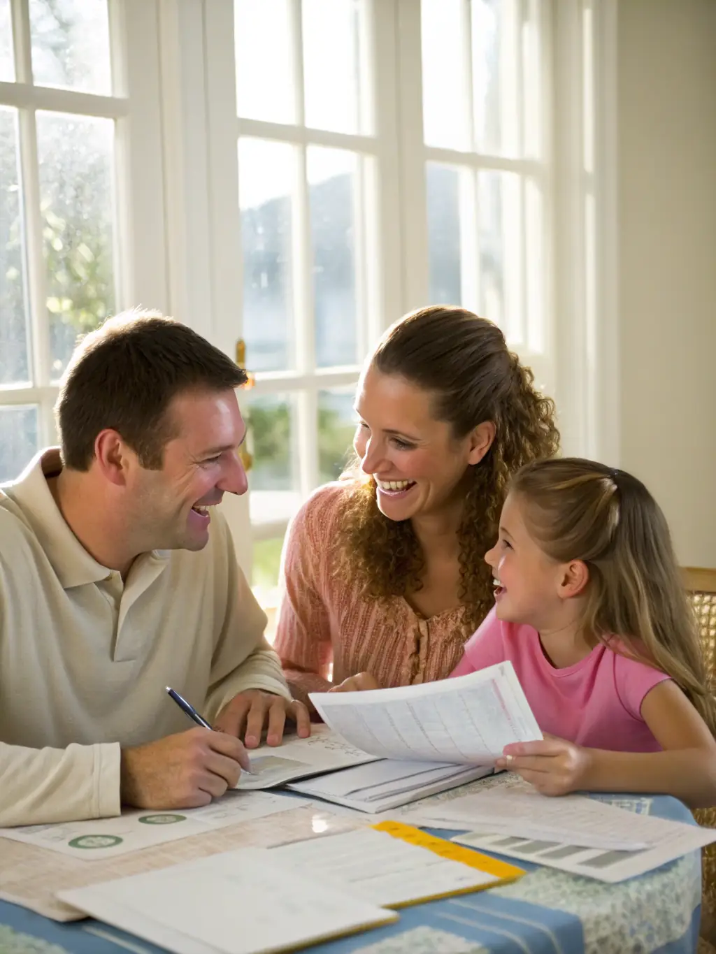 A family happily adding savings to an emergency fund jar, representing financial preparedness.