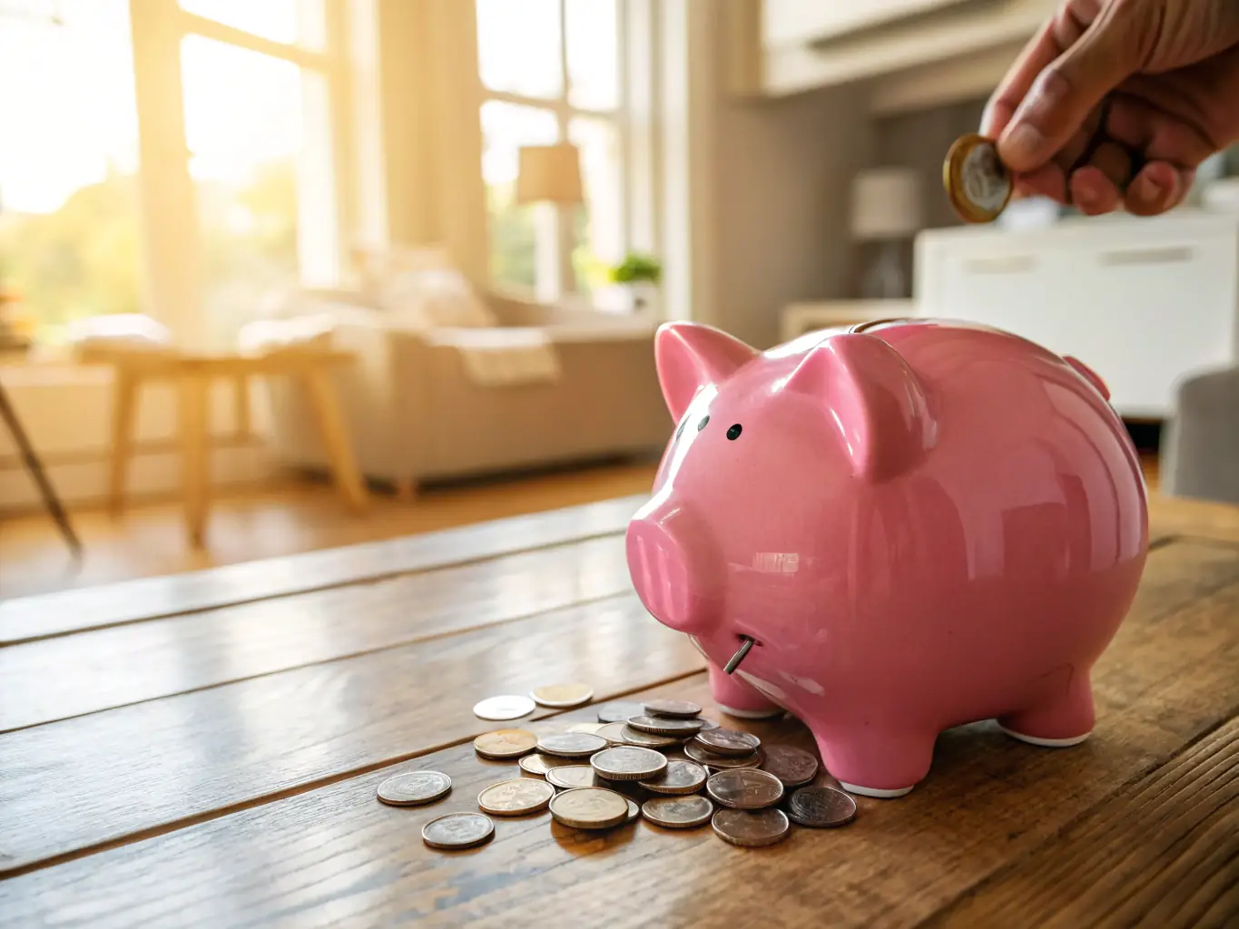 A person putting coins into a piggy bank, representing the concept of saving money and building a financial safety net.